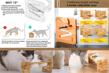 Köpek Kedi Mama Ve Su Kabı-Kırılmaz Melamin İki Adet Kase Hediyeli-Kontrplak Yükseklik Ayarlı-Armut Kiraz-BuShop Ela 