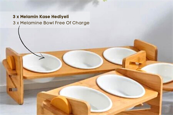 Köpek Kedi Mama Ve Su Kabı-Kırılmaz Melamin Üç Adet Kase Hediyeli-Kontrplak-Yükseklik Ayarlı-Armut Kiraz-BuShop Ela 