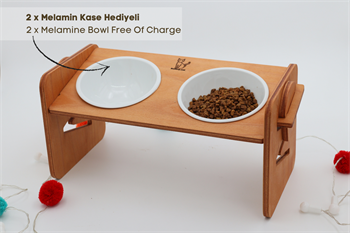 Köpek Kedi Mama Ve Su Kabı-Kırılmaz Melamin İki Adet Kase Hediyeli-Kontrplak Yükseklik Ayarlı-Armut Kiraz-BuShop Ela 