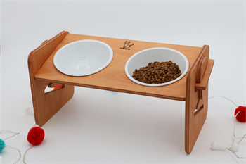 Köpek Kedi Mama Ve Su Kabı-Seramik İki Adet Kase Hediyeli-Kontrplak-Yükseklik Ayarlı-Armut Kiraz-BuShop Ela Preminyum 