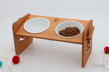 Köpek Kedi Mama Ve Su Kabı-Kırılmaz Melamin İki Adet Kase Hediyeli-Kontrplak Yükseklik Ayarlı-Armut Kiraz-BuShop Ela 