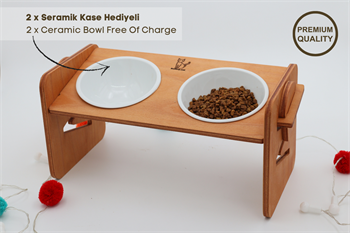 Köpek Kedi Mama Ve Su Kabı-Seramik İki Adet Kase Hediyeli-Kontrplak-Yükseklik Ayarlı-Armut Kiraz-BuShop Ela Preminyum 