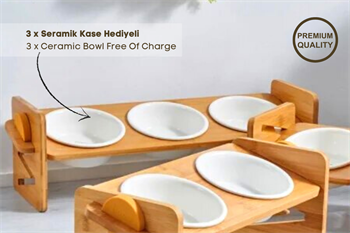 Köpek Kedi Mama Ve Su Kabı-Seramik Üç Adet Kase Hediyeli-Kontrplak-Yükseklik Ayarlı-Armut Kiraz-BuShop Ela Preminyum 