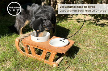 Köpek Mama Ve Su Kabı-Seramik İki Adet Kase Hediyeli-Özel Tasarım-Ahşap-Lüx Armut Kiraz-BuShop Kızak Preminyum
