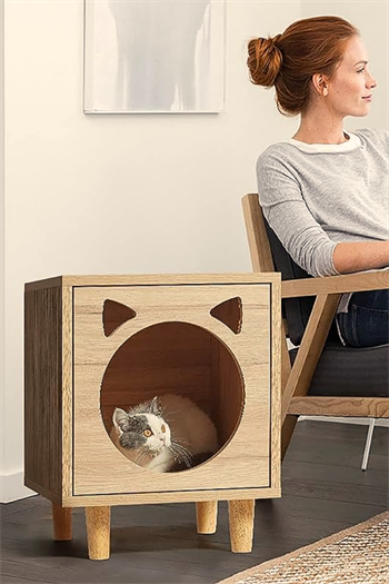 Kedi Evi Ahşap Kedi Yatağı Yan Sehpa Komodin Sehpa Kedi Yataklı Kedi Yatak Odası Çok Yönlü Kullanım 