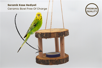 Askılı Kuş Mama ve Su Balkonu-Kuşlar için Doğal Suluk ve Mamalık-Seramik Bir Adet Kase Hediyeli-Gerçek Ahşap-BuShop Doğal Yaşam