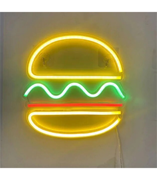 Neon led hamburger temalı duvar panosu, dekorasyon odası, kafe, restoran , neon duvar dekoru