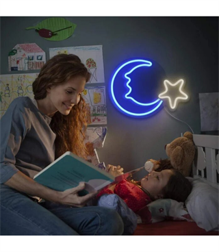 Neon led ışık ay yıldız temalı duvar süsü,led neon tabela, Gece lambası, Sıra dışı genç hediyesi