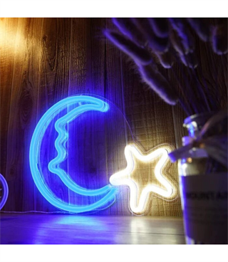 Neon led ışık ay yıldız temalı duvar süsü,led neon tabela, Gece lambası, Sıra dışı genç hediyesi