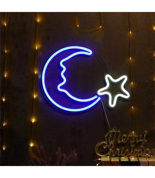 Neon led ışık ay yıldız temalı duvar süsü,led neon tabela, Gece lambası, Sıra dışı genç hediyesi