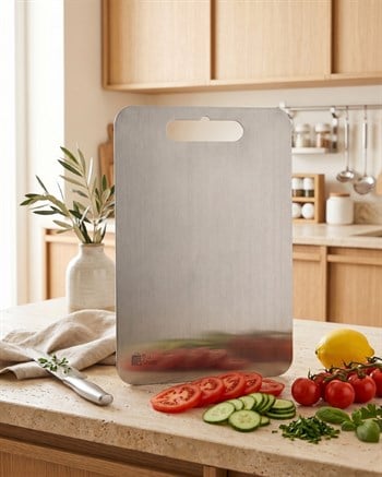 Paslanmaz Çelik Kesme Tahtası 34x24 cm 304 Kalite Hijyenik Koku Tutmaz Kesim Tahtası