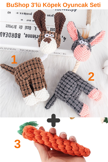 Peluş Dayanıklı Sesli Köpek Oyuncağı ve Köpek Isırma ve kaşıma oyuncağı 3 lü oyuncak seti