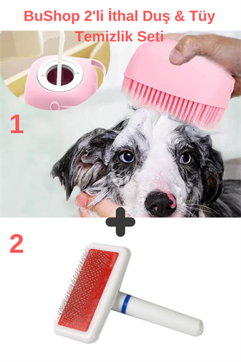 Şampuan Hazneli Kedi Ve Köpek Evcil Hayvan Yıkama Fırçası, Kedi ve Köpek Tüy Deri Bakım Fırçası Süper 2 li İthal Set