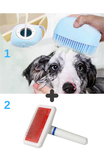 Şampuan Hazneli Kedi Ve Köpek Evcil Hayvan Yıkama Fırçası, Kedi ve Köpek Tüy Deri Bakım Fırçası Süper 2 li İthal Set