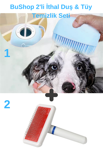 Şampuan Hazneli Kedi Ve Köpek Evcil Hayvan Yıkama Fırçası, Kedi ve Köpek Tüy Deri Bakım Fırçası Süper 2 li İthal Set
