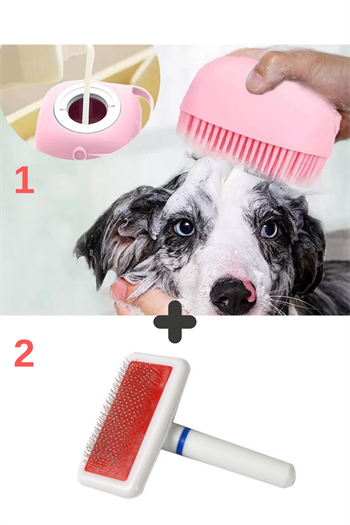 Şampuan Hazneli Kedi Ve Köpek Evcil Hayvan Yıkama Fırçası, Kedi ve Köpek Tüy Deri Bakım Fırçası Süper 2 li İthal Set
