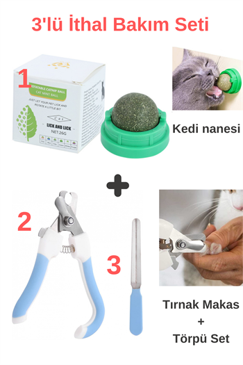 Süper 3 lü İthal Set, Kedi tırnak makası, Kedi tırnak törpüsü, Manikür Pedükür seti, Kedi nanesi, Kedi bakım ürünleri, 