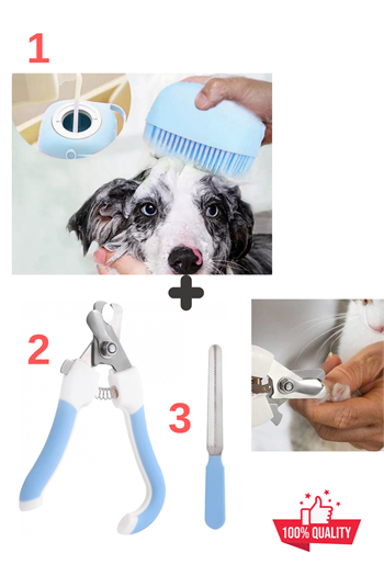 Süper 3 lü Ithal Set, Şampuan Hazneli Kedi Ve Köpek Evcil Hayvan Yıkama Fırçası, Kedi tırnak makası ve törpüsü