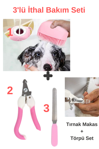 Süper 3 lü İthal Set, Şampuan Hazneli Kedi Ve Köpek Evcil Hayvan Yıkama Fırçası, Kedi tırnak makası ve törpüsü