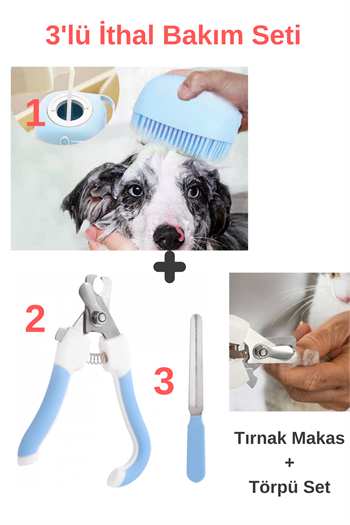 Süper 3 lü Ithal Set, Şampuan Hazneli Kedi Ve Köpek Evcil Hayvan Yıkama Fırçası, Kedi tırnak makası ve törpüsü