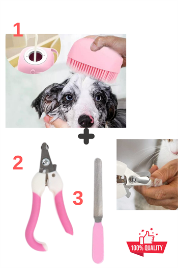Süper 3 lü İthal Set, Şampuan Hazneli Kedi Ve Köpek Evcil Hayvan Yıkama Fırçası, Kedi tırnak makası ve törpüsü