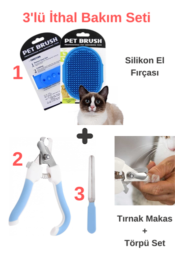 Süper 3 lü İthal Set, Silikon Kedi Köpek Yıkama Fırçası, Tırnak makası ve törpüsü, Kedi köpek Yıkama ve Bakım Seti