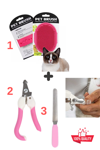 Süper 3 lü İthal Set, Silikon Kedi Köpek Yıkama Fırçası, Tırnak makası ve törpüsü, Kedi köpek Yıkama ve Bakım Seti
