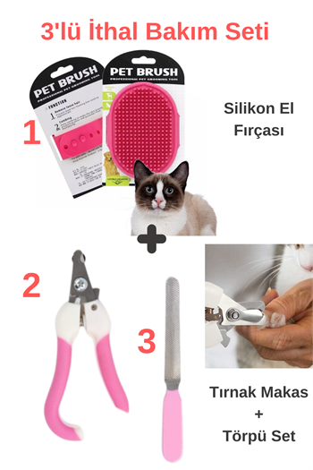 Süper 3 lü İthal Set, Silikon Kedi Köpek Yıkama Fırçası, Tırnak makası ve törpüsü, Kedi köpek Yıkama ve Bakım Seti