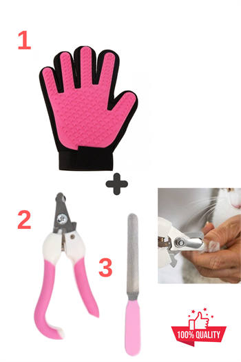Süper 3 lü İthal Set, Tüy Toplama Yıkama Eldiveni, Kedi tırnak makası ve törpüsü, Kedi köpek bakım seti