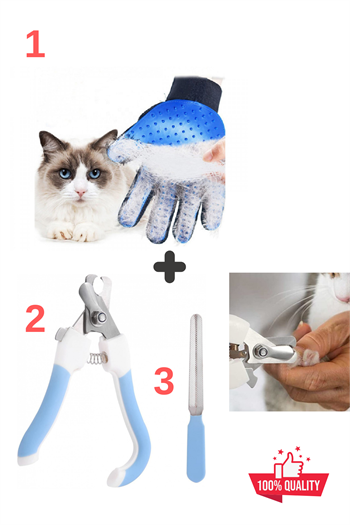 Süper 3 lü İthal Set, Tüy Toplama Yıkama Eldiveni, Kedi tırnak makası ve törpüsü, Kedi köpek bakım seti