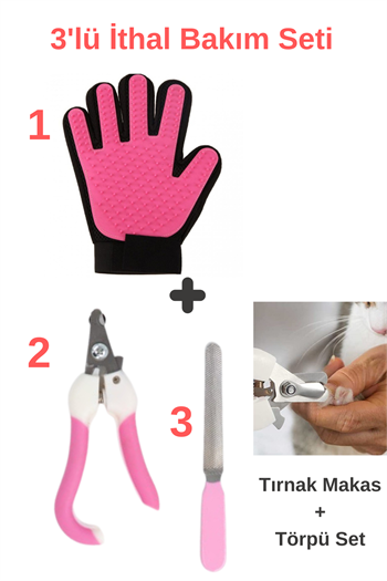 Süper 3 lü İthal Set, Tüy Toplama Yıkama Eldiveni, Kedi tırnak makası ve törpüsü, Kedi köpek bakım seti