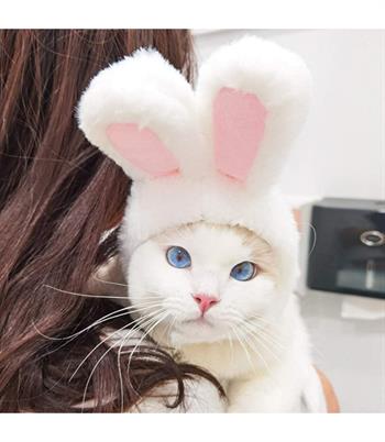 Tavşan Kulaklı Kedi Şapkası - Pembe Peluş Başlığı-Yumuşak kumaş