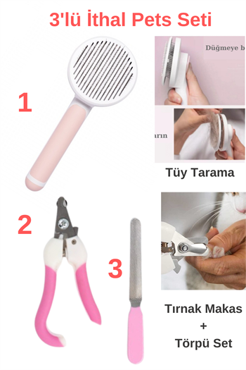 Tuşlu Evcil Hayvan Fırçası, Kedi Köpek Tüy Toplayıcı Tarak, Tırnak makası ve törpüsü, Süper 3 lü İthal Set