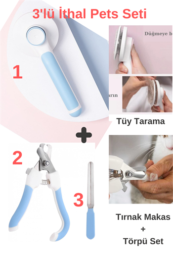 Tuşlu Evcil Hayvan Fırçası, Kedi Köpek Tüy Toplayıcı Tarak, Tırnak makası ve törpüsü, Süper 3 lü İthal Set