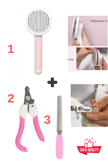 Tuşlu Evcil Hayvan Fırçası, Kedi Köpek Tüy Toplayıcı Tarak, Tırnak makası ve törpüsü, Süper 3 lü İthal Set