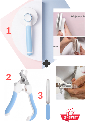 Tuşlu Evcil Hayvan Fırçası, Kedi Köpek Tüy Toplayıcı Tarak, Tırnak makası ve törpüsü, Süper 3 lü İthal Set