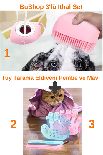 Tüy Toplama Eldivenleri ve Şampuan Hazneli Kedi Ve Köpek Yıkama Fırçası, 3 lü İthal Set