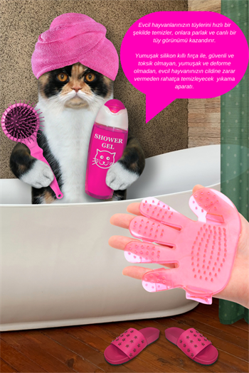 Tüy Toplama Eldivenleri ve Şampuan Hazneli Kedi Ve Köpek Yıkama Fırçası, 3 lü İthal Set