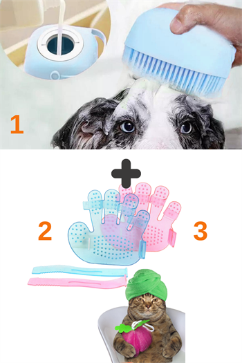 Tüy Toplama Eldivenleri ve Şampuan Hazneli Kedi Ve Köpek Yıkama Fırçası, 3 lü İthal Set