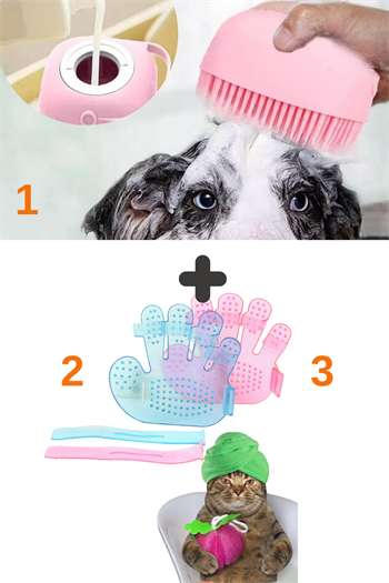 Tüy Toplama Eldivenleri ve Şampuan Hazneli Kedi Ve Köpek Yıkama Fırçası, 3 lü İthal Set