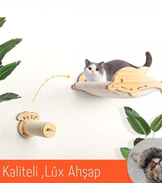 Kedi duvar yatağı, Kedi Yuvası, Kedi Yatağı, Kedi Hamak, + Kedi Tırmalama Basamağı, 2li Ahşap Set, BuShop Dolphin Serisi 
