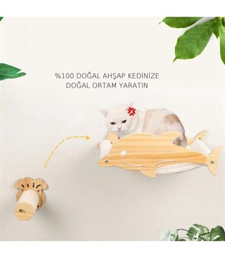 Kedi duvar yatağı, Kedi Yuvası, Kedi Yatağı, Kedi Hamak, + Kedi Tırmalama Basamağı, 2li Ahşap Set, BuShop Dolphin Serisi 