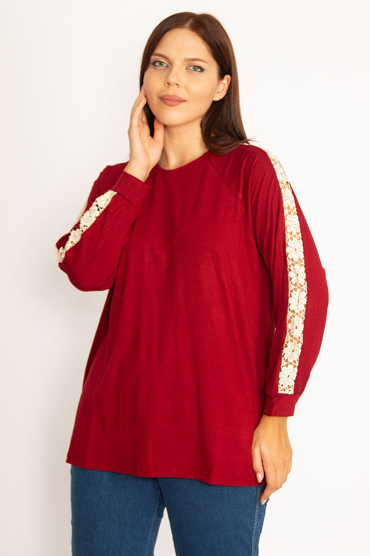 Kadın Bordo Dantel Detaylı Bluz 65N34646