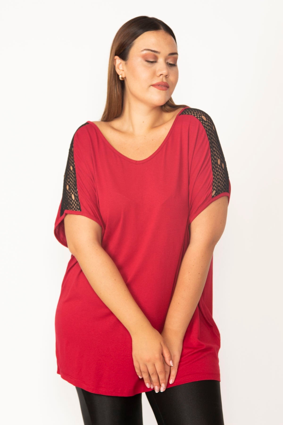 Kadın Bordo Omuz Dantelli V Yakalı Viskon Bluz 65N27507