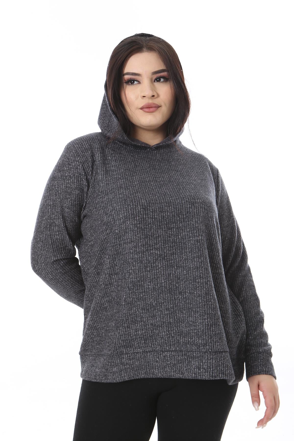 Kadın Büyük Beden Antrasit Yün Viskon Kumaş Kapşonlu Sweatshirt 65N38520