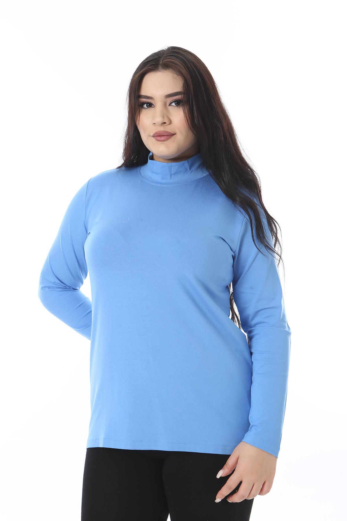 Kadın Büyük Beden Bebe Mavisi Dik Yakalı Uzun Kollu Bluz 65N38540