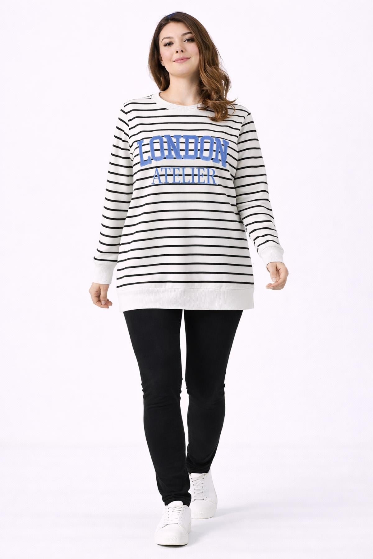 Kadın Büyük Beden Beyaz, Nakış Yazı İşlemeli Çizgili Sweatshirt 65N39306