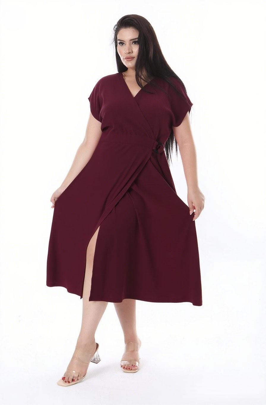Kadın Büyük Beden Bordo Bürümcük Kumaş Beli Tokalı Anvelop Elbise 65N38314