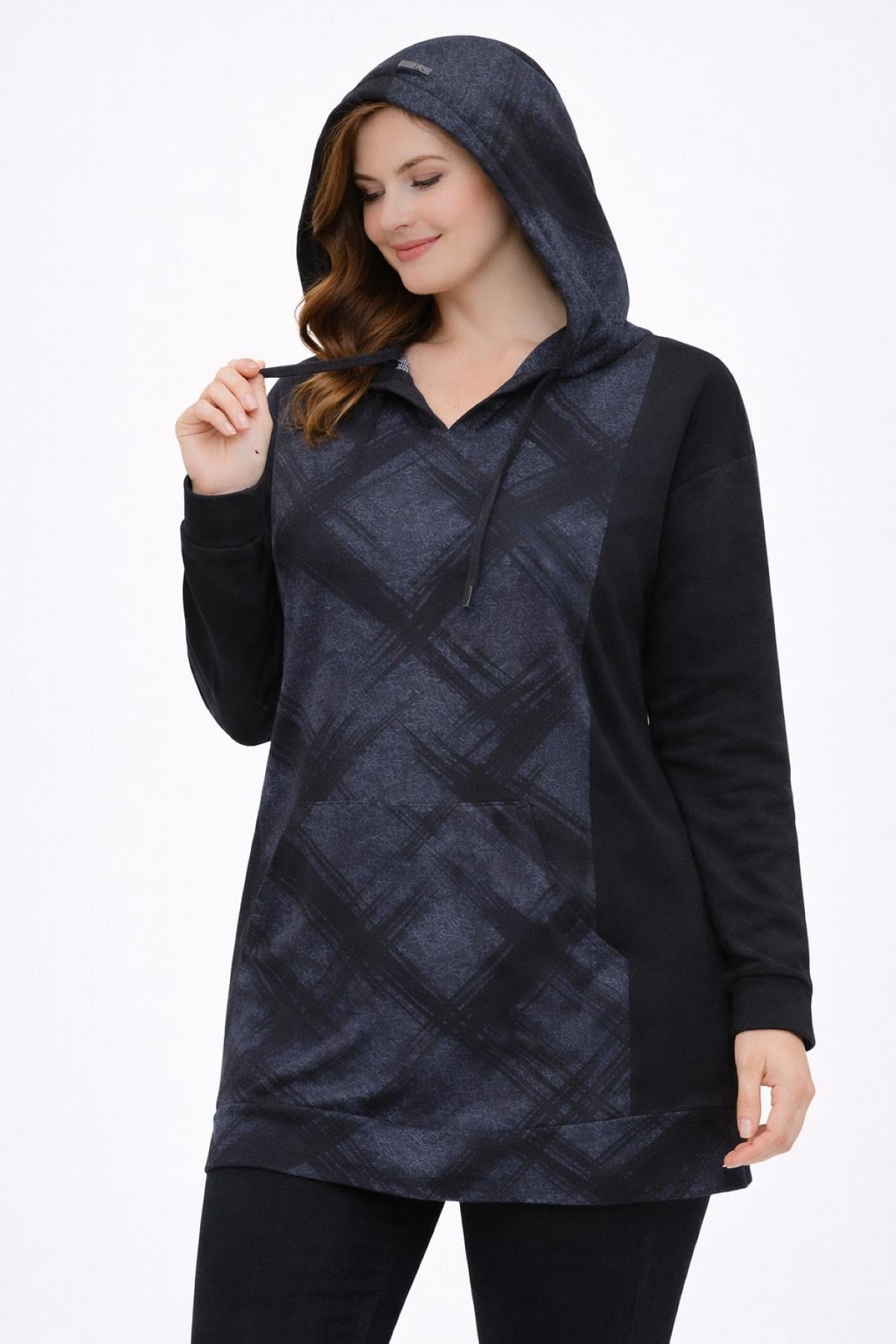 Kadın Büyük Beden Füme, Desenli, Kanguru Cep Kapüşonlu Sweatshirt 65N39299