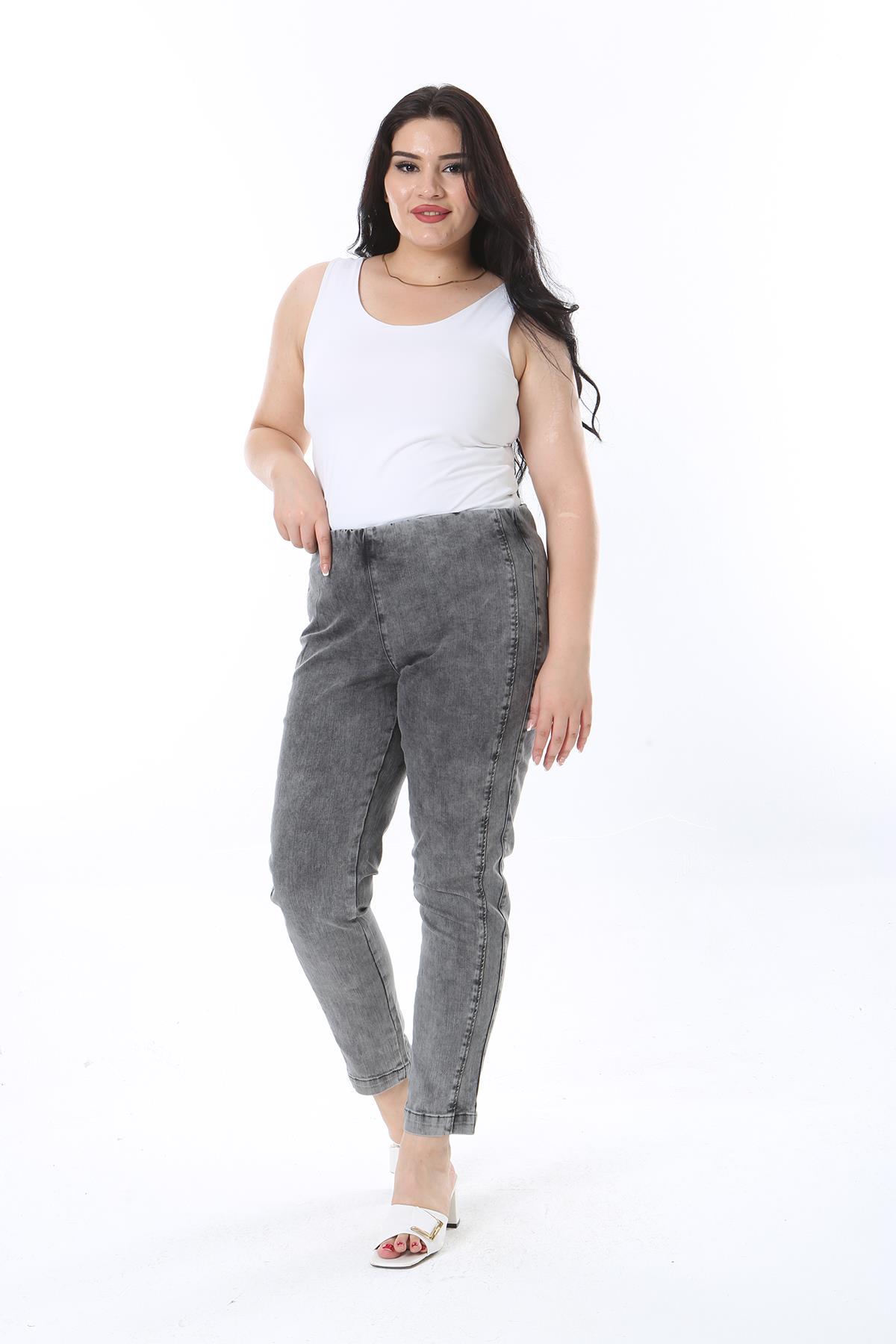 Kadın Büyük Beden Füme Yıkama Efektli Beli Lastikli Kot Tayt Pantolon 65N38269